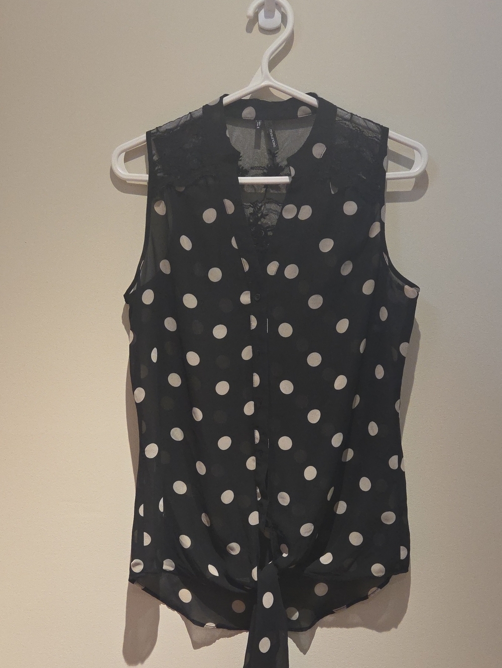 Maurices Black and White Polka Dot Tie-Front Sleeveless Top